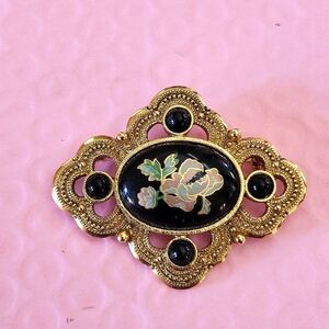 1928 Vintage Gold and Black Floral Brooch
